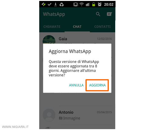 scarica e aggiorna l'applicazione Whatsapp dall'avviso
