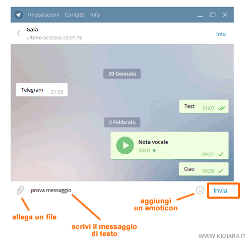 l'interfaccia per scrivere il messaggio su Telegram Desktop