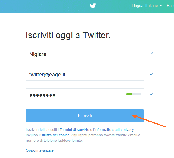 conferma della login, password e email