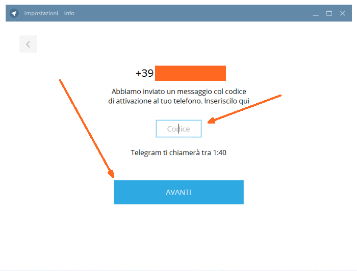 inserisci il codice di conferma per installare Telegram sul PC