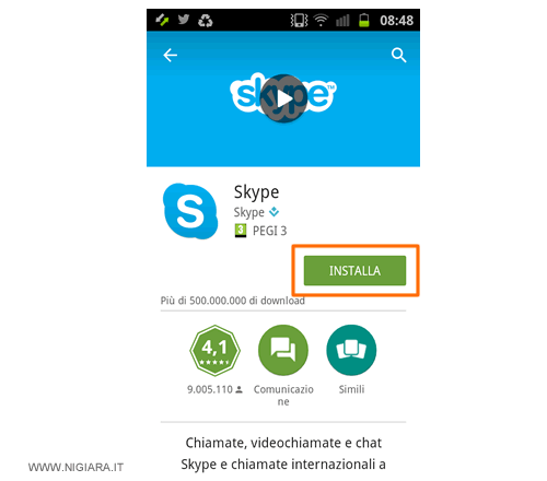 pigia sul pulsante Installa per iniziare l'installazione di Skype sul cellulare